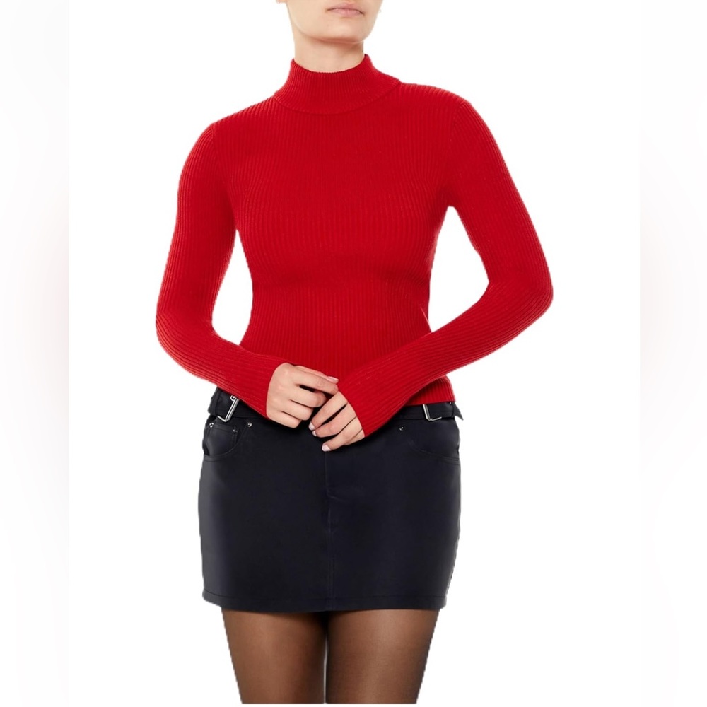Forever 21 Womens Ribbed Mock Neck Pullover Fitted Sweater in Dark Red Sz M NWOT